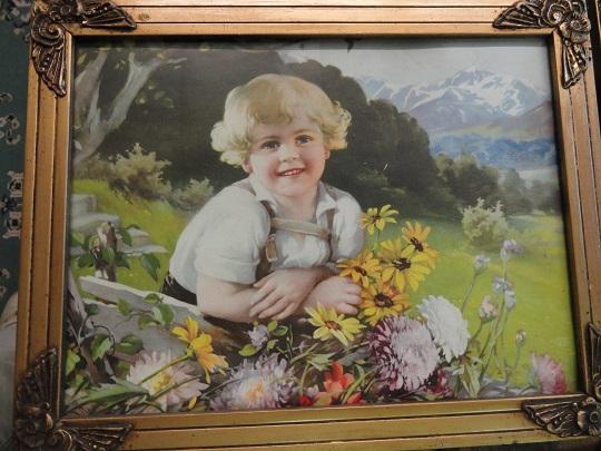 1930's lithograph small boy w/flowers